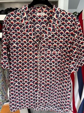 Valentino Navy Red White Scallop Print Button-Front Top